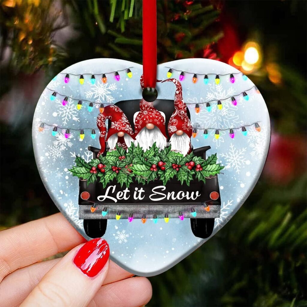 2023 Christmas Ornaments, Christmas Tree Decorations - Gnome Red Truck Let It Snow QUAZ2210002Z - Heart Ceramic Ornament - Best Gifts for Christmas (Pack 1)