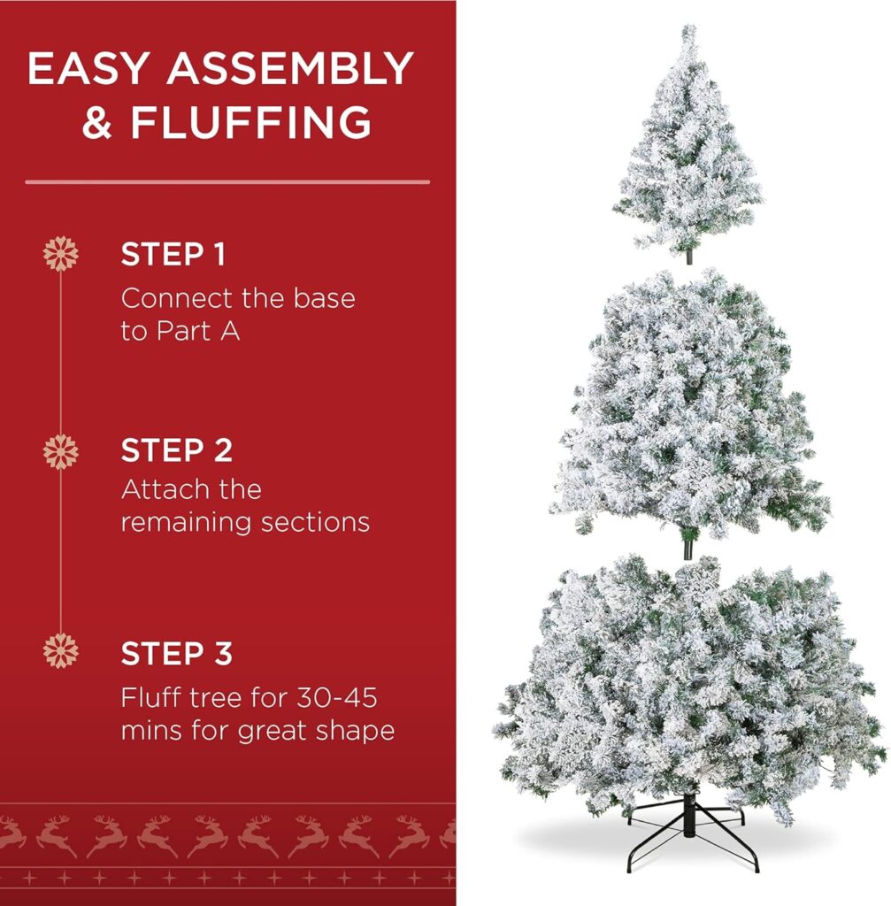 Best Choice Products 6ft Pre-Lit Snow Flocked Artificial Holiday Christmas Pine Tree for Home, Office, Party Decoration w/ 250 Warm White Lights, Metal Hinges  Base