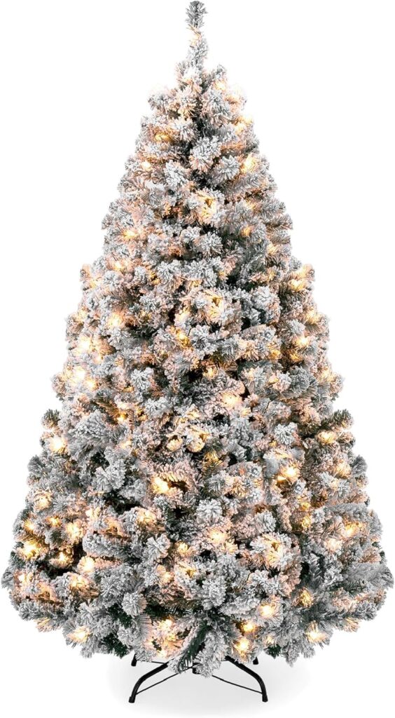 Best Choice Products 6ft Pre-Lit Snow Flocked Artificial Holiday Christmas Pine Tree for Home, Office, Party Decoration w/ 250 Warm White Lights, Metal Hinges  Base