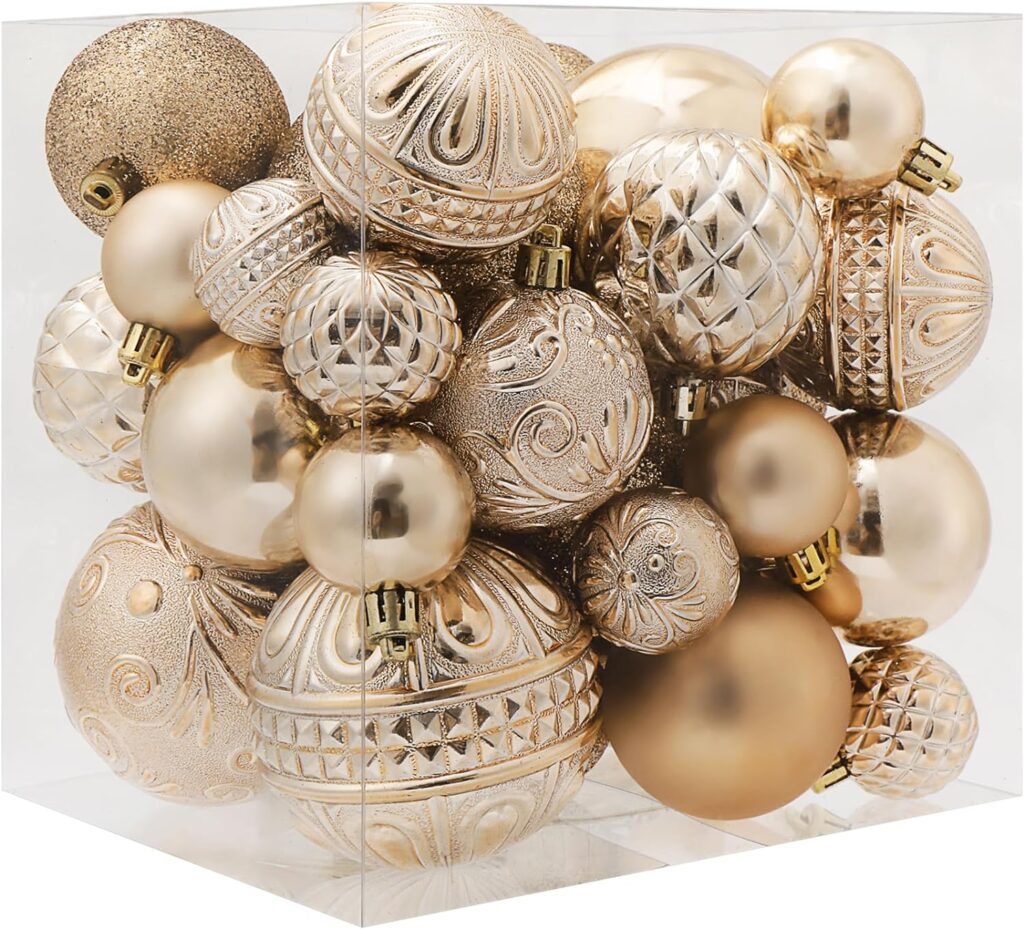 Christmas Ball Ornaments Champagne Christmas Tree Decorations with Hang Rope-36pcs Shatterproof Christmas Ornaments Set with 6 Styles in 3 Sizes(Small Medium Large)