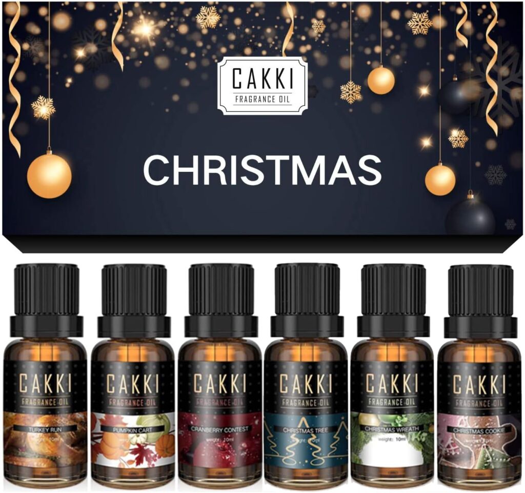 Christmas Essential Oils Gift Set, for Home, for Diffuser, 6x10mL, CAKKI Premium Grade Fragrance Oils with Christmas Tree, Cookie, Cranberry Contest, Pumpkin Cart, Turkey Run