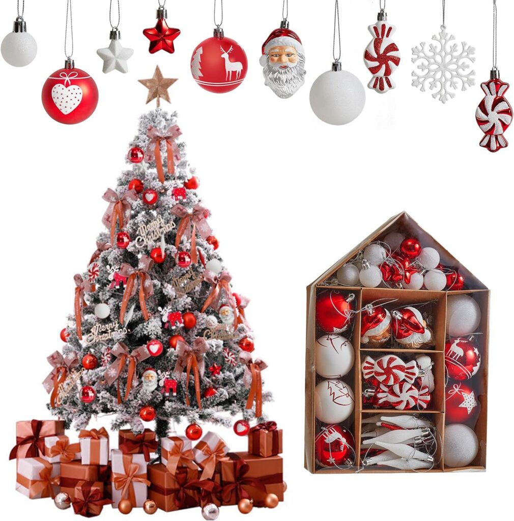 Christmas Tree Ornament Set, 70-Pack Shatterproof Assorted Christmas Tree Ornaments with Hanging Rope for Xmas Decorations Home Party, Holiday Wedding, Includes Santa Claus, Snowflakes, Candies, Etc.