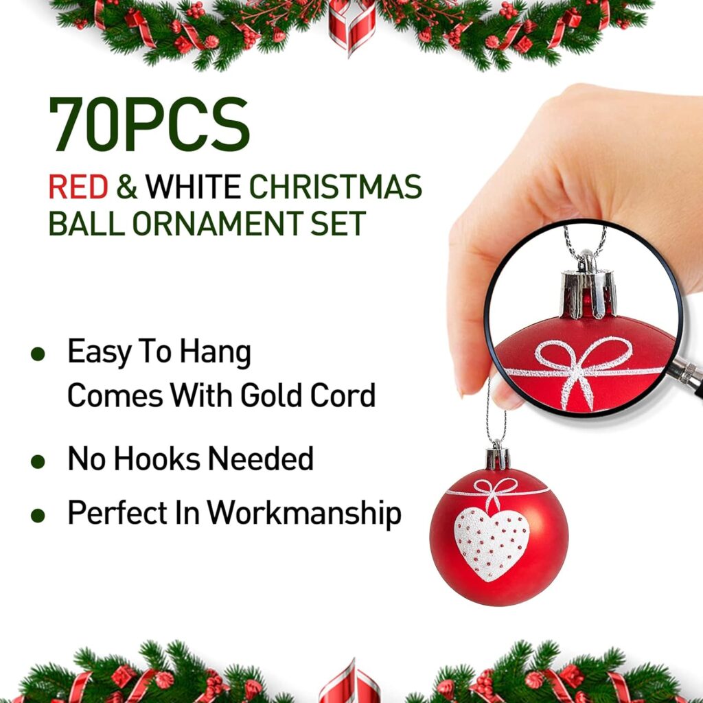 Christmas Tree Ornament Set, 70-Pack Shatterproof Assorted Christmas Tree Ornaments with Hanging Rope for Xmas Decorations Home Party, Holiday Wedding, Includes Santa Claus, Snowflakes, Candies, Etc.