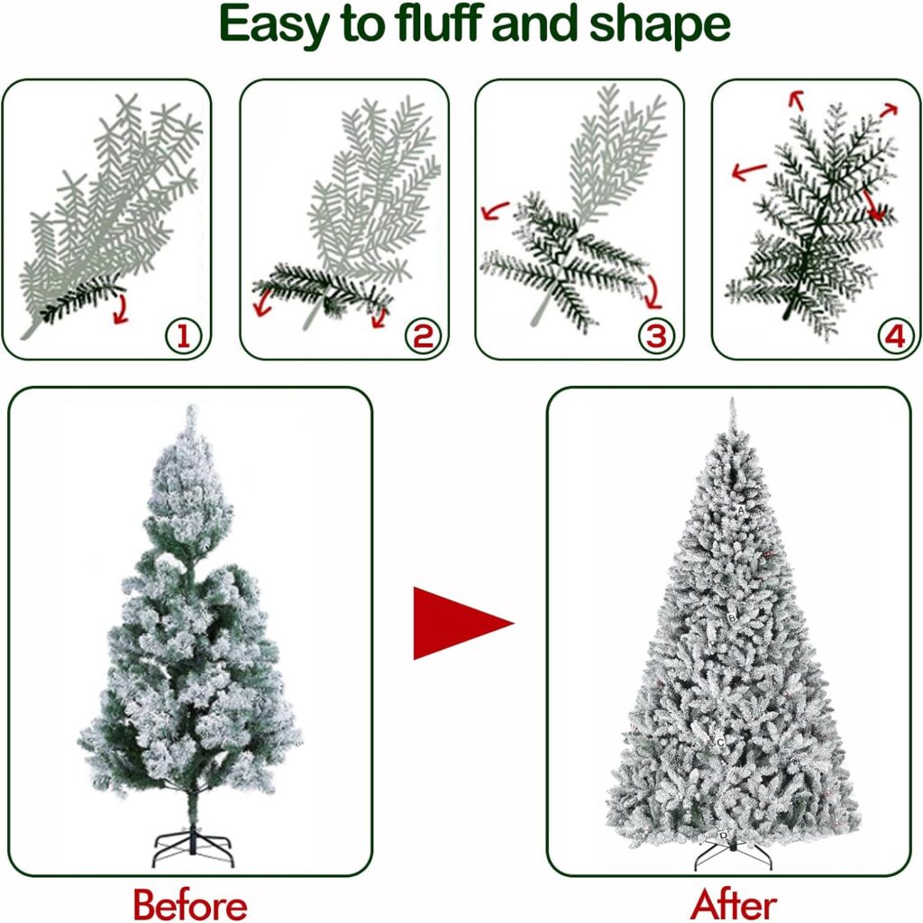 Hykolity 6ft Snow Flocked Christmas Tree, Artificial Christmas Tree with Pine Cones, 250 Warm White Lights, 762 Tips, Metal Stand and Hinged Branches