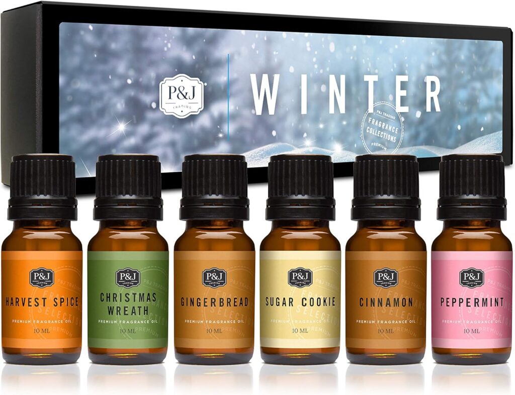 PJ Fragrance Oil Winter Set | Cinnamon, Gingerbread, Sugar Cookies, Harvest Spice, Peppermint, and Christmas Wreath Candle Scents for Candle Making, Freshie Scents, Soap Making Supplies