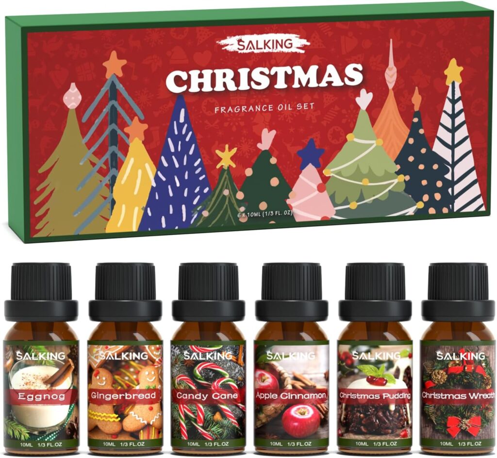 SALKING Christmas Fragrance Oils, Premium Essential Oil for Diffuser, Scented Oil Gift Set for Soap Candle Making - Christmas Wreath, Apple Cinnamon, Gingerbread, Candy Cane, Christmas Pudding, Eggnog