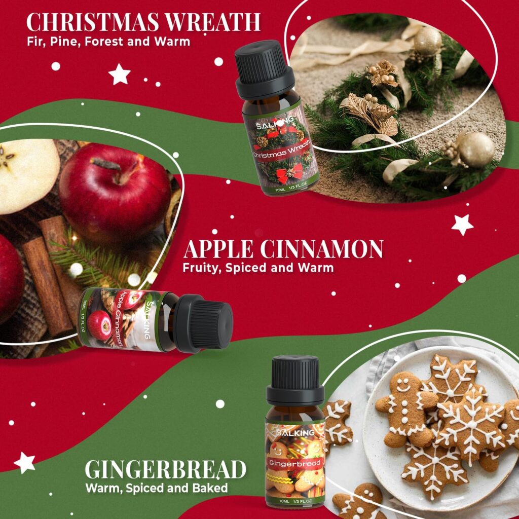 SALKING Christmas Fragrance Oils, Premium Essential Oil for Diffuser, Scented Oil Gift Set for Soap Candle Making - Christmas Wreath, Apple Cinnamon, Gingerbread, Candy Cane, Christmas Pudding, Eggnog