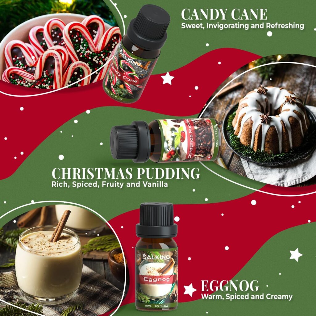 SALKING Christmas Fragrance Oils, Premium Essential Oil for Diffuser, Scented Oil Gift Set for Soap Candle Making - Christmas Wreath, Apple Cinnamon, Gingerbread, Candy Cane, Christmas Pudding, Eggnog