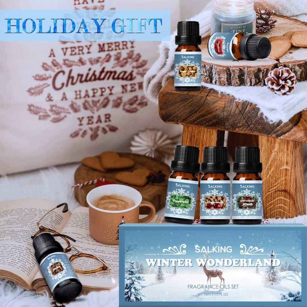 SALKING Winter Set of Scented Oils, Premium Fragrance Essential Oils Gift Set for Diffuser, Soap  Candle Making Scents - Cinnamon, Christmas Wreath, Sugar Cookie, Cranberry, Peppermint, Gingerbread