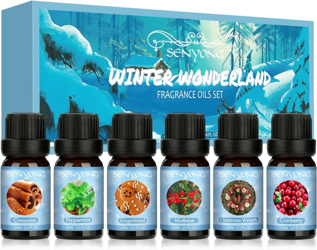 SENYONG Winter Fragrance Oils Set, Premium Essential Oils Gift Set for Diffuser, Natural Scented Oils for Soap Candle Making - Cinnamon, Gingerbread, Mistletoe, Peppermint, Cranberry, Christmas Wreath