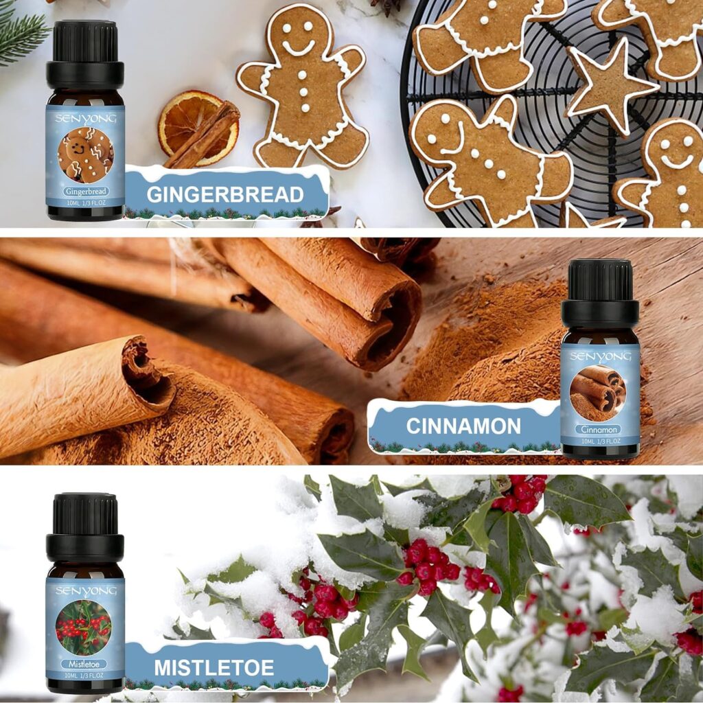 SENYONG Winter Fragrance Oils Set, Premium Essential Oils Gift Set for Diffuser, Natural Scented Oils for Soap Candle Making - Cinnamon, Gingerbread, Mistletoe, Peppermint, Cranberry, Christmas Wreath