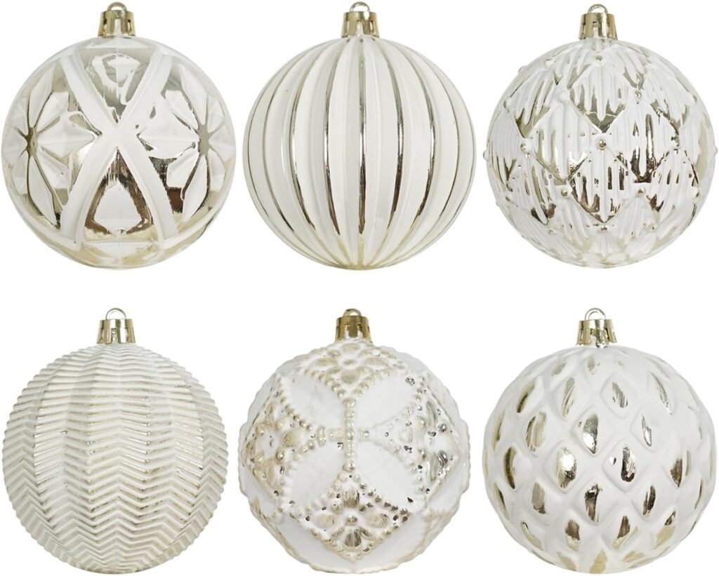 XmasExp Vintage Rustic Christmas Ball Ornaments Sets, 3.15” Plastic Farmhouse Distressed Tree Decorations Shatterproof Antique Traditional Style Xmas Hanging Ornaments （White Gold, 6Pcs