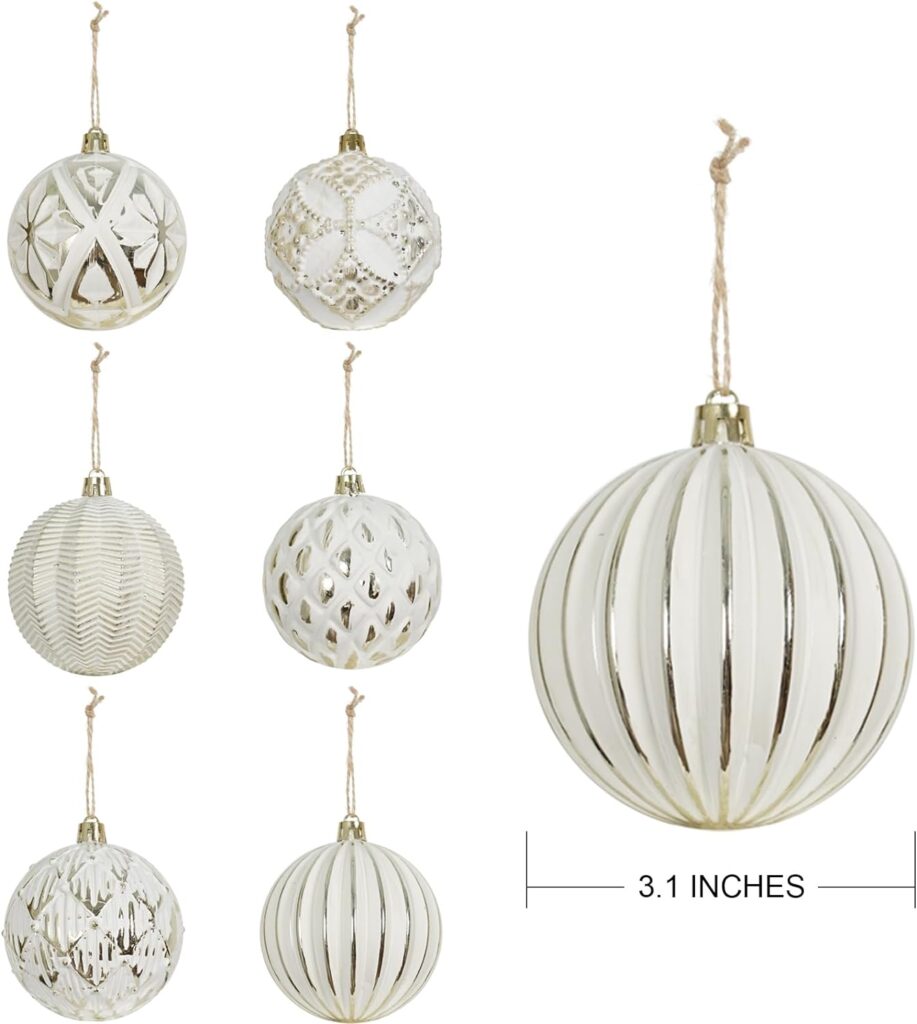 XmasExp Vintage Rustic Christmas Ball Ornaments Sets, 3.15” Plastic Farmhouse Distressed Tree Decorations Shatterproof Antique Traditional Style Xmas Hanging Ornaments （White Gold, 6Pcs