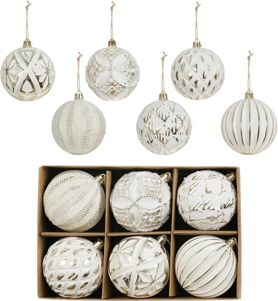 XmasExp Vintage Rustic Christmas Ball Ornaments Sets, 3.15” Plastic Farmhouse Distressed Tree Decorations Shatterproof Antique Traditional Style Xmas Hanging Ornaments （White Gold, 6Pcs