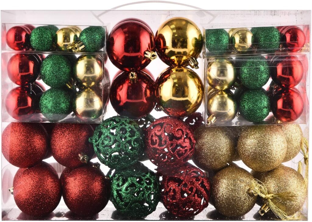 100ct Christmas Balls Tree Ornaments, Shatterproof Christmas Decorations Set with Reusable Hand-held Gift Package for Holiday Xmas Tree Decor (Gold, Red, Green)