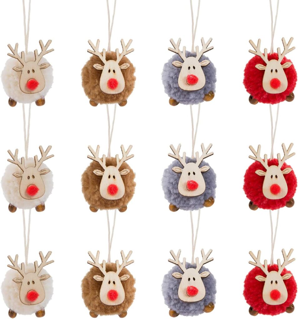 12 Pack Christmas Felt Elk Hanging Ornaments- Christmas Tree Wooden Reindeer Hanging Pendants Decorations for Xmas Party Tree Home Decor(4 Colors)