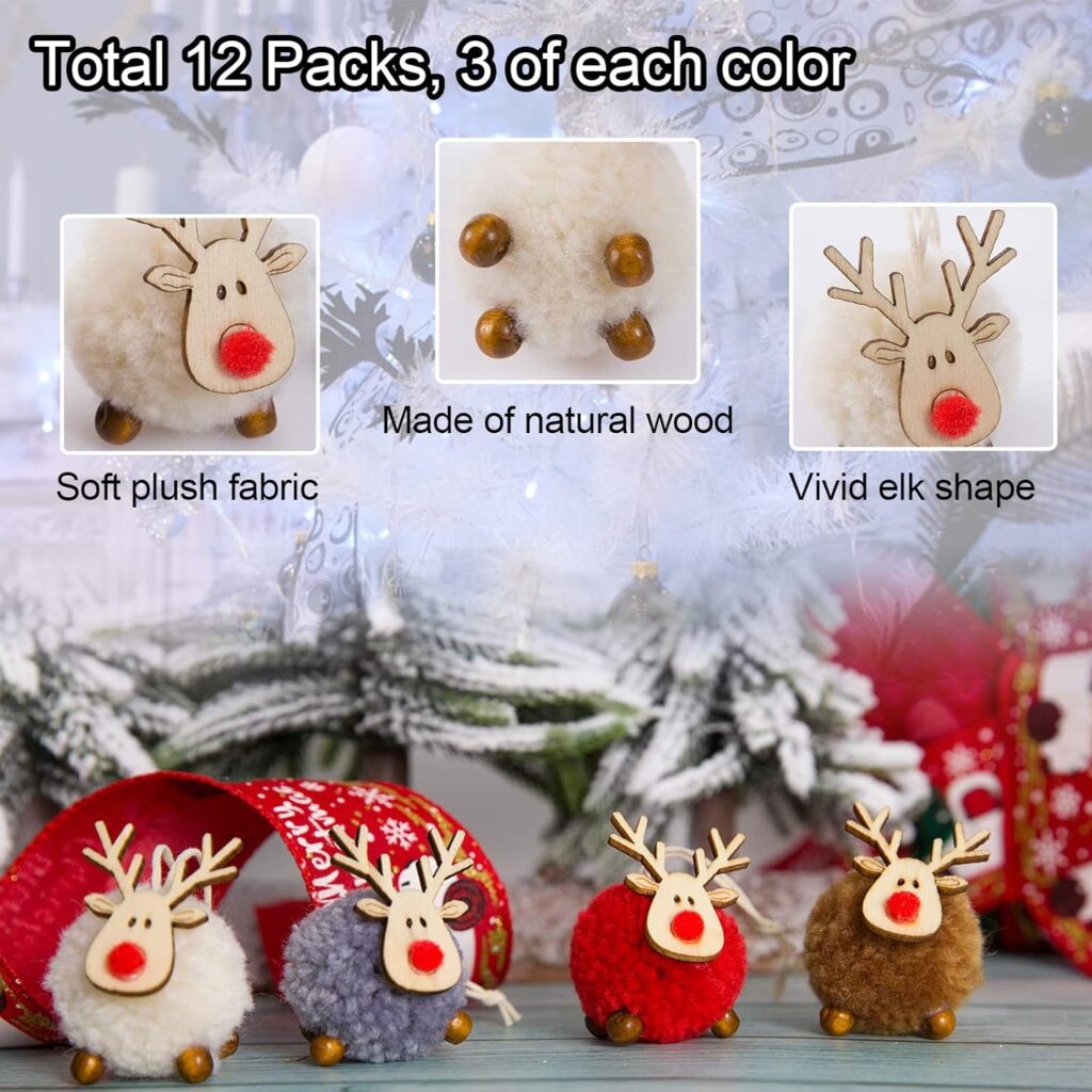 12 Pack Christmas Felt Elk Hanging Ornaments- Christmas Tree Wooden Reindeer Hanging Pendants Decorations for Xmas Party Tree Home Decor(4 Colors)