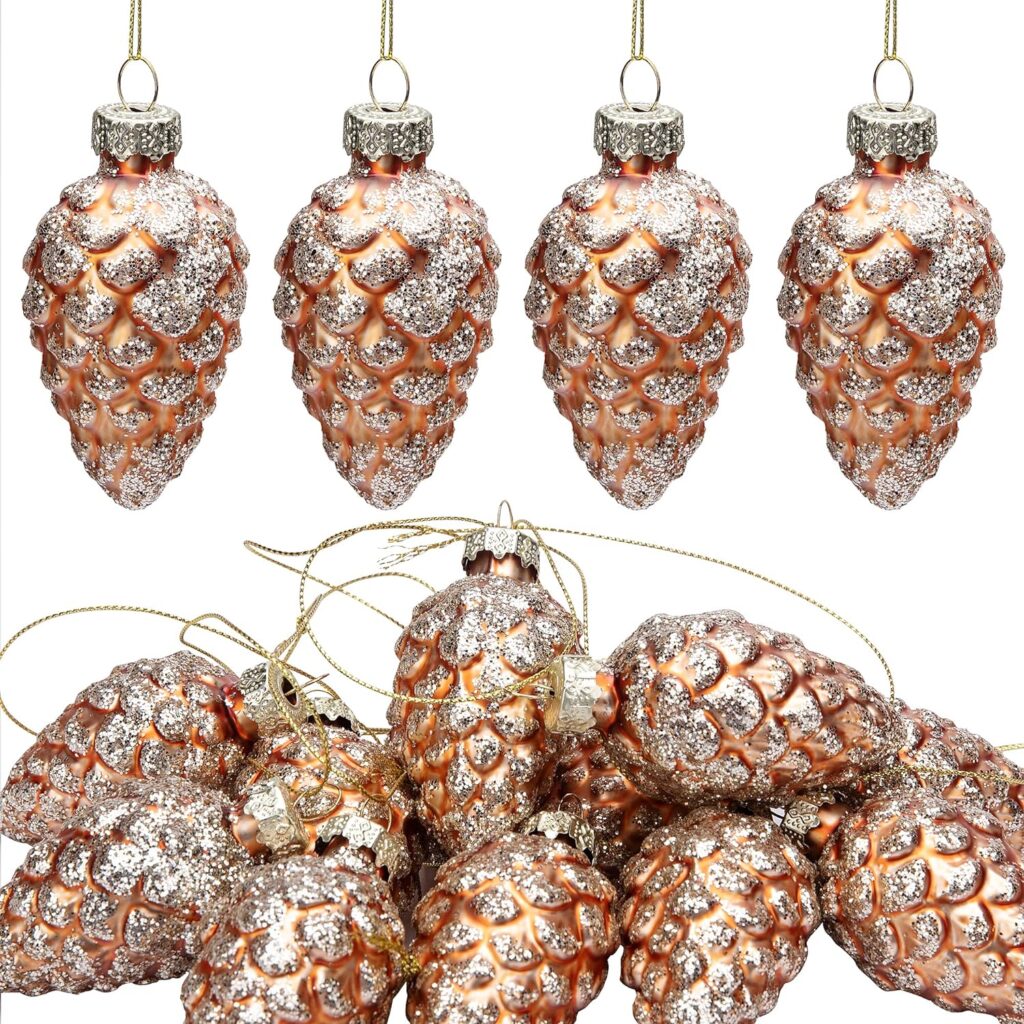 12 Pcs Christmas Pinecone Glass Ornaments- Fall Hanging Pine Cone Painted Glass Ornaments- Glitter Pinecone Christmas Ornament for Xmas Tree DIY Crafts Fall Thanksgiving Day Decoration