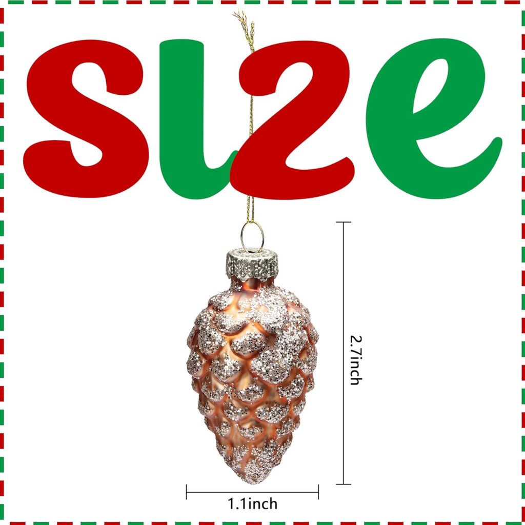 12 Pcs Christmas Pinecone Glass Ornaments- Fall Hanging Pine Cone Painted Glass Ornaments- Glitter Pinecone Christmas Ornament for Xmas Tree DIY Crafts Fall Thanksgiving Day Decoration