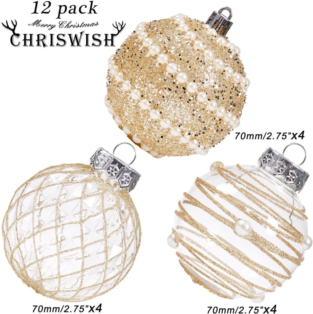 12CT Christmas Ball Ornaments Champagne Shatterproof Clear Large Plastic Christmas Tree Decoration, Delicate Hanging Ornaments for Xmas Party, Wedding, Holiday and Home Décor(70mm/2.76)