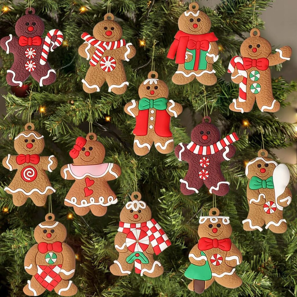 12pcs Gingerbread Man Ornaments for Christmas Tree Assorted Plastic Gingerbread Figurines Ornaments for Christmas Tree Hanging Decorations 3 Inch Tall