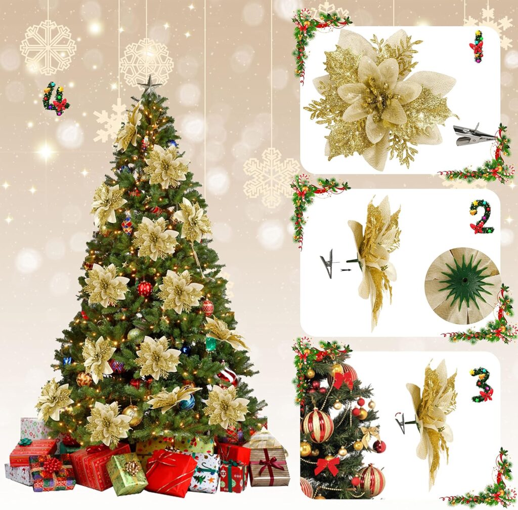 15 PCS Gold Poinsettia Flower Artificial Poinsettia with Clips Christmas Decor Glitter Poinsettia Christmas Ornaments Christmas Tree Flower Decorations with Stems DIY Xmas Wreath Holiday Party Decor