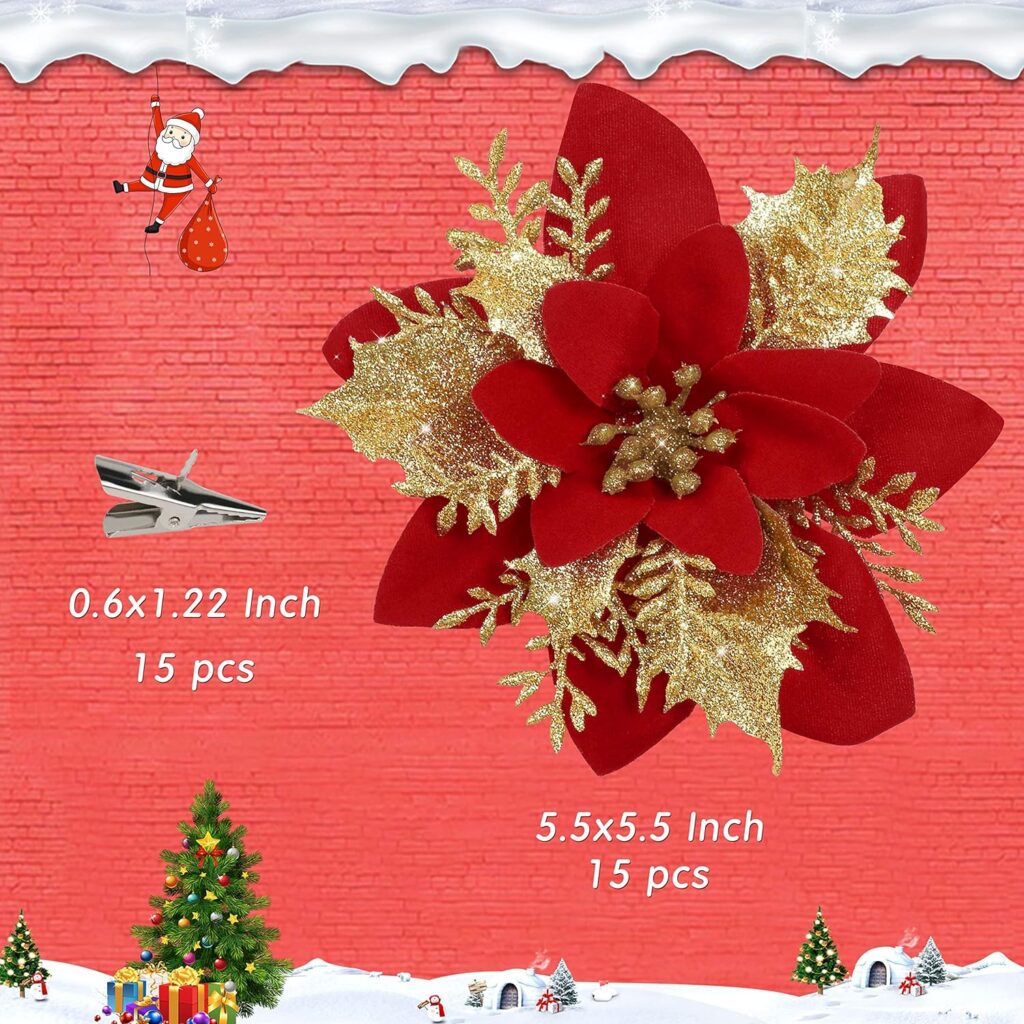 15 PCS Gold Poinsettia Flower Artificial Poinsettia with Clips Christmas Decor Glitter Poinsettia Christmas Ornaments Christmas Tree Flower Decorations with Stems DIY Xmas Wreath Holiday Party Decor