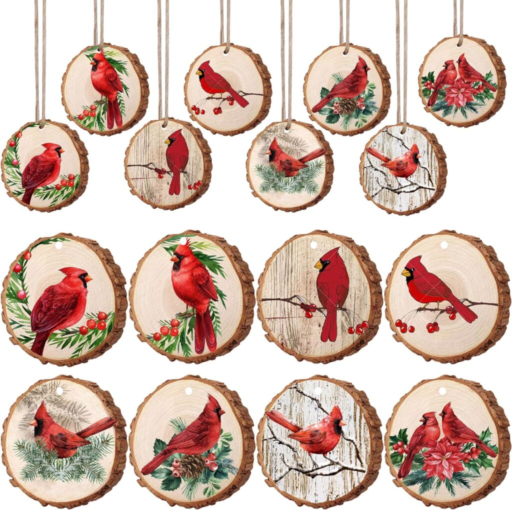 16 PCS Christmas Red Cardinal Wood Ornaments Cardinal Birds Hanging Wood Decor Christmas Wood Slice Ornaments with Hemp Rope for Xmas Tree Decor DIY Crafts Memorial Gifts