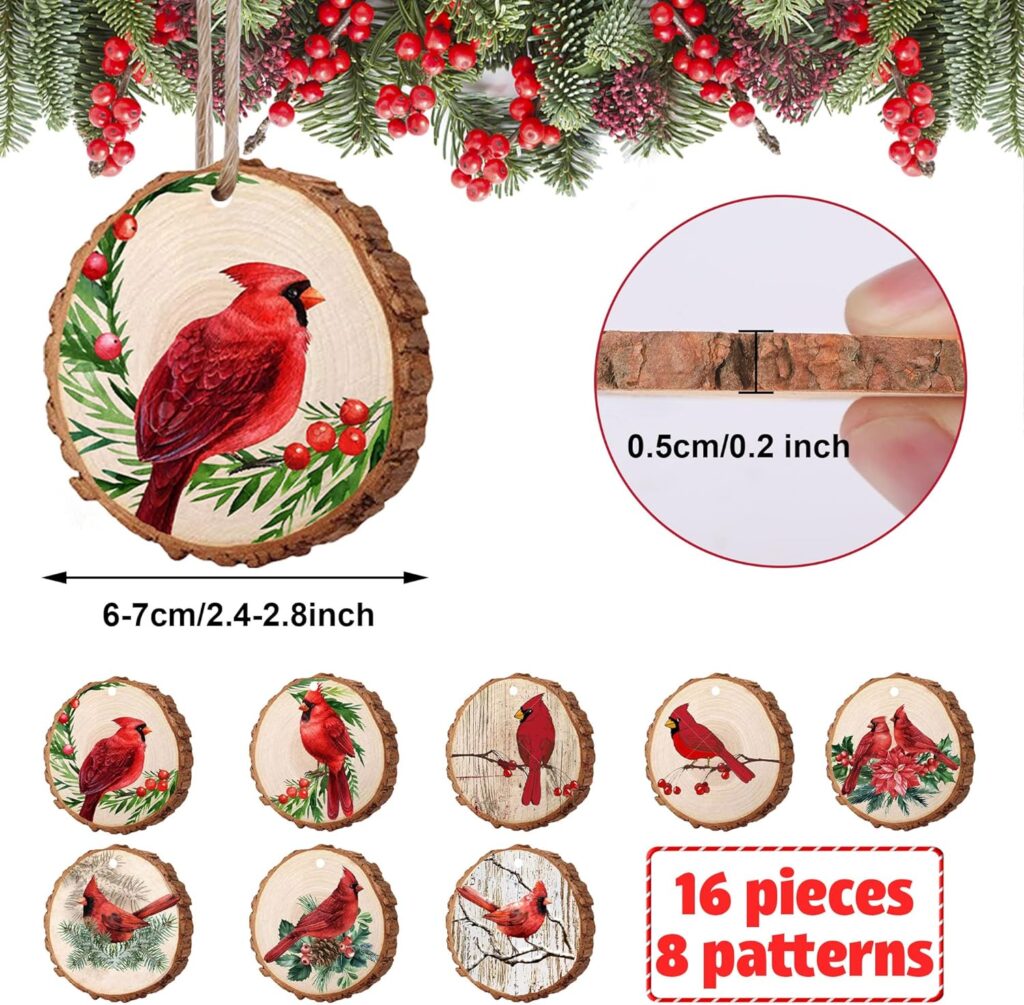 16 PCS Christmas Red Cardinal Wood Ornaments Cardinal Birds Hanging Wood Decor Christmas Wood Slice Ornaments with Hemp Rope for Xmas Tree Decor DIY Crafts Memorial Gifts