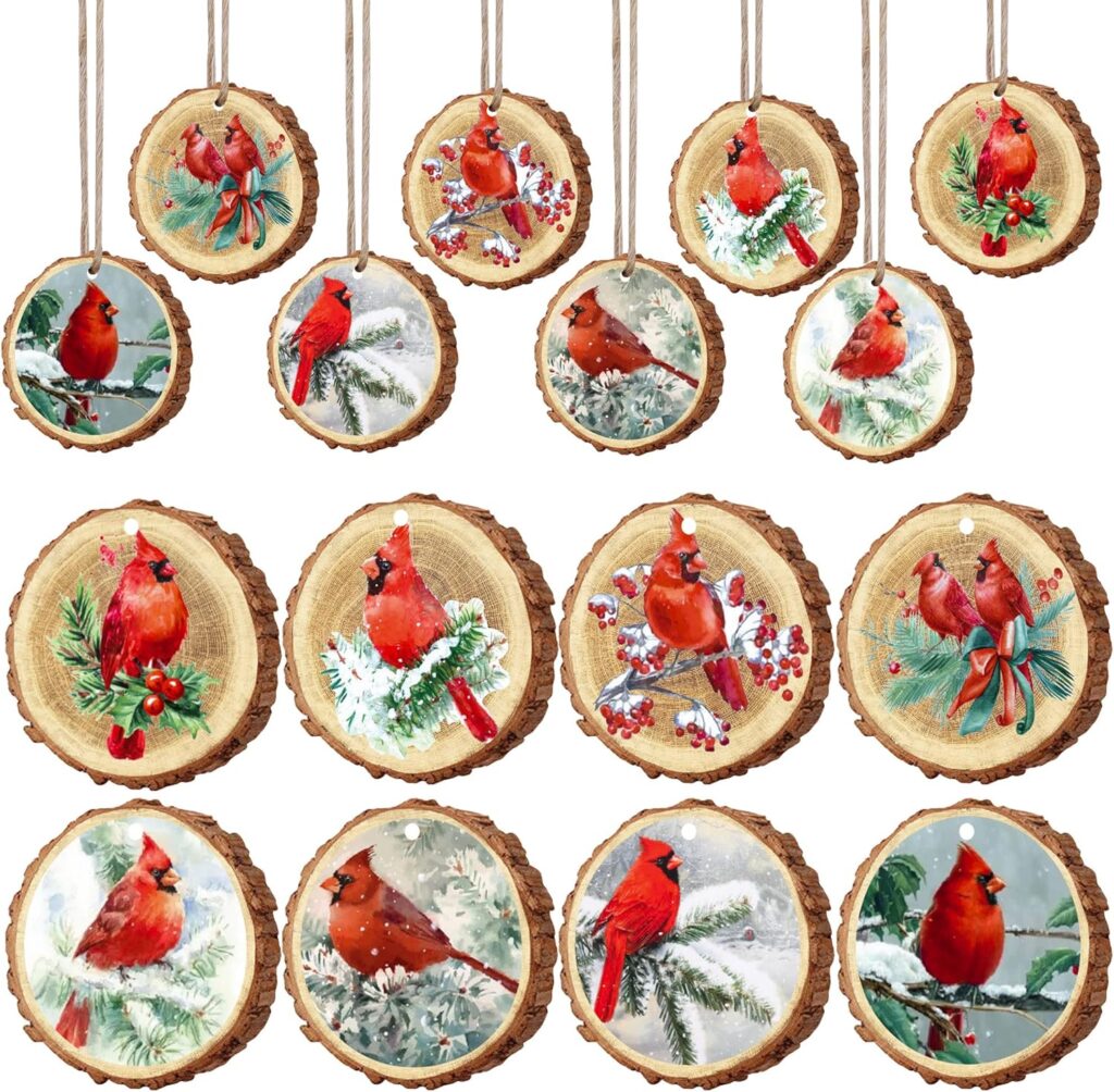 16 PCS Christmas Red Cardinal Wood Ornaments Cardinal Birds Hanging Wood Decor Christmas Wood Slice Ornaments with Hemp Rope for Xmas Tree Decor DIY Crafts Memorial Gifts