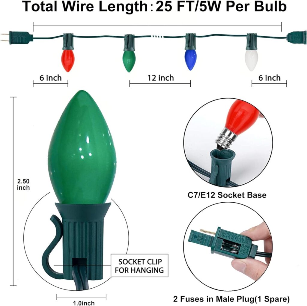 25Ft Multicolor Christmas Lights C7 Vintage Christmas String Lights with 27 Multicolor Ceramic Bulbs(2 Spare), Hanging Outdoor String Lights for Holidays, Christmas Prom Party Wedding- Green Wire
