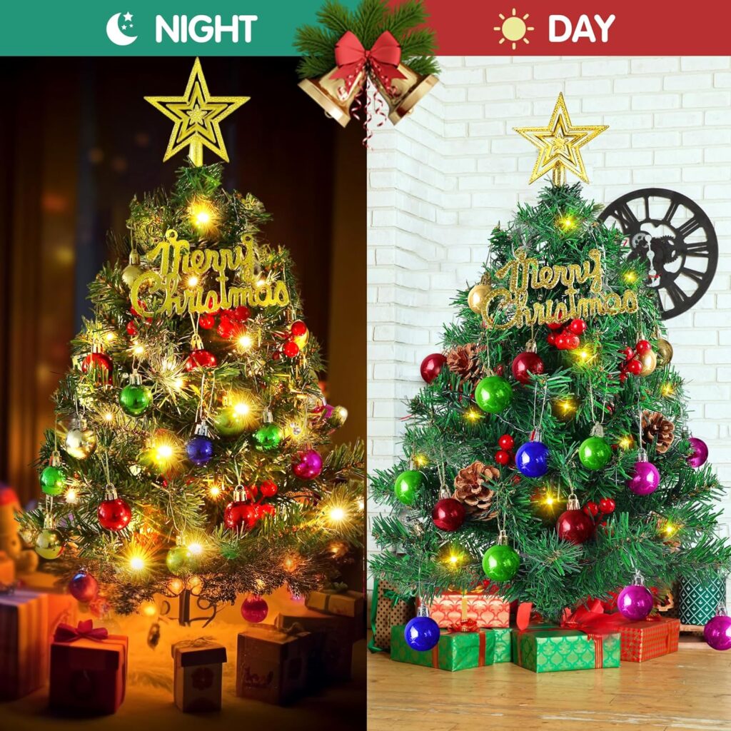 2FT Best Mini Christmas Tree, Small Tabletop Christmas Tree Set with 50 LED Light, 70 Branch Tips, Star Treetop, Ornaments Balls and Pine Cones, for Home, Office, Party Decoration