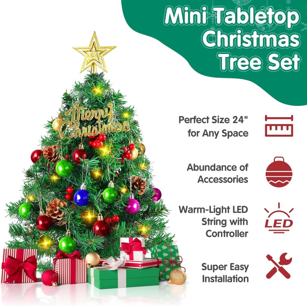 2FT Best Mini Christmas Tree, Small Tabletop Christmas Tree Set with 50 LED Light, 70 Branch Tips, Star Treetop, Ornaments Balls and Pine Cones, for Home, Office, Party Decoration