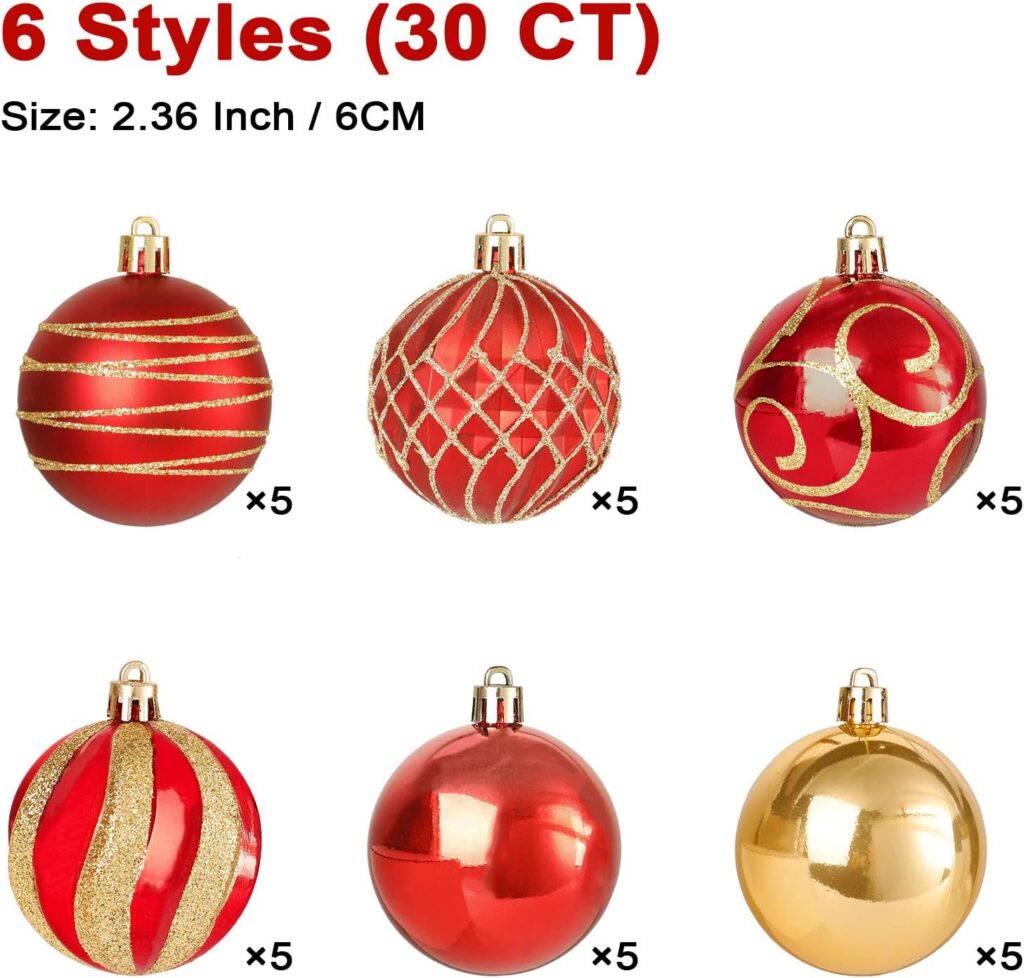 30 PCS Christmas Ball Ornaments Tree Decorations, 60mm/2.36 Classic Red and Gold Shatterproof Christmas Bulbs Ornaments for Xmas Tree Holiday Wreath Decor