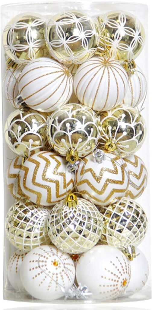 30PCS Christmas Balls Ornaments,60MM GoldWhite Painted Shatterproof Festive Wedding Hanging Ornaments Christmas Tree Decoration