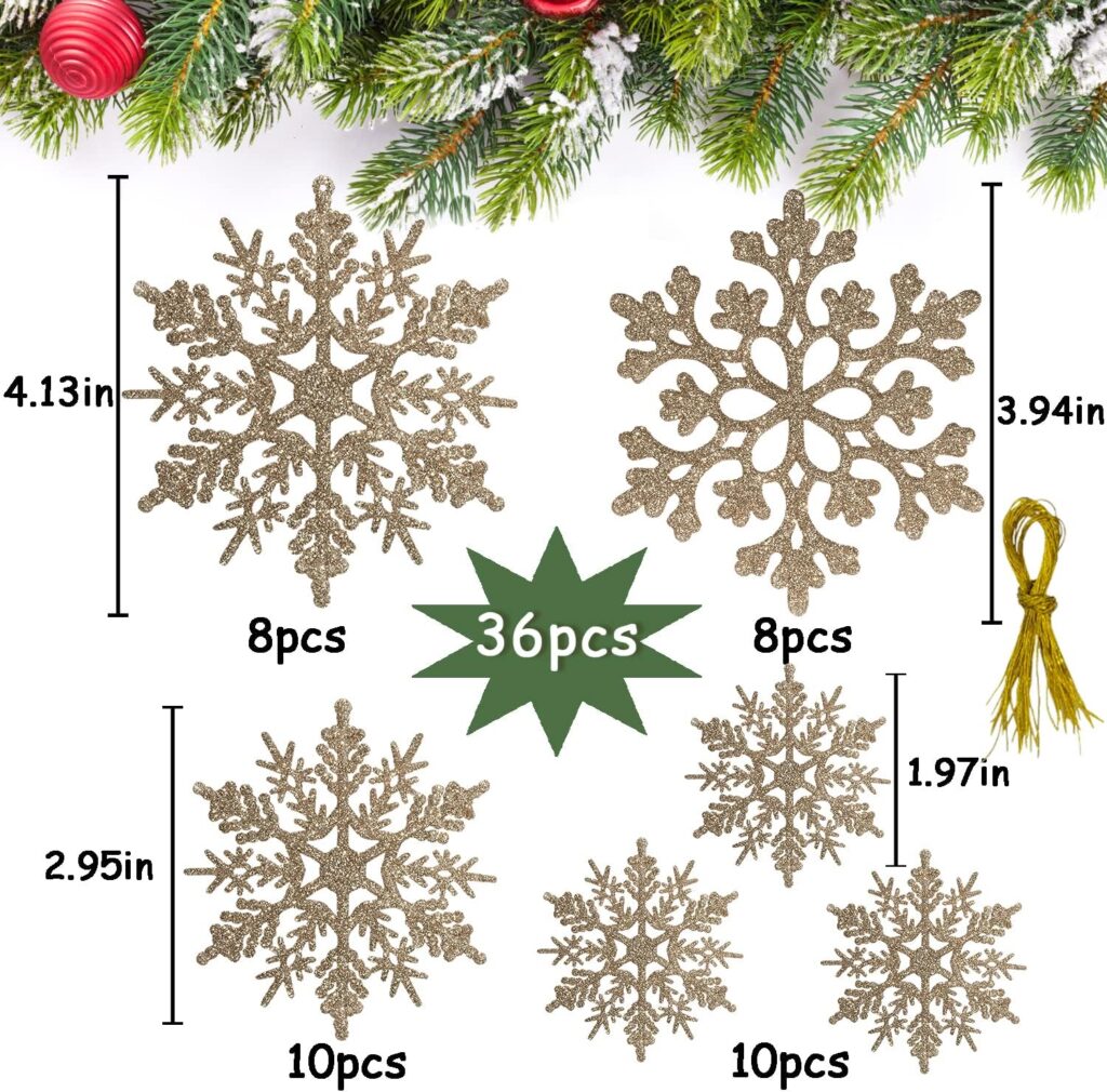 36pcs Christmas White Snowflake Ornaments Plastic Glitter Snow Flakes Ornaments for Winter Christmas Tree Decorations Size Varies Craft Snowflakes