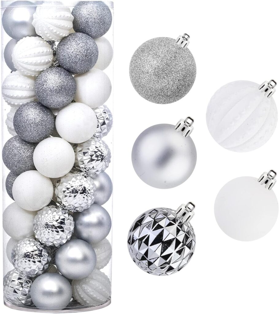 45Pcs 6cm/2.36inch Christmas Balls Glitter Ornaments Set, Shatterproof Plastic Xmas Tree Hanging Ornament, Christmas Decorations Balls for Holiday Festival Wedding House Bar Party(Silver/White)