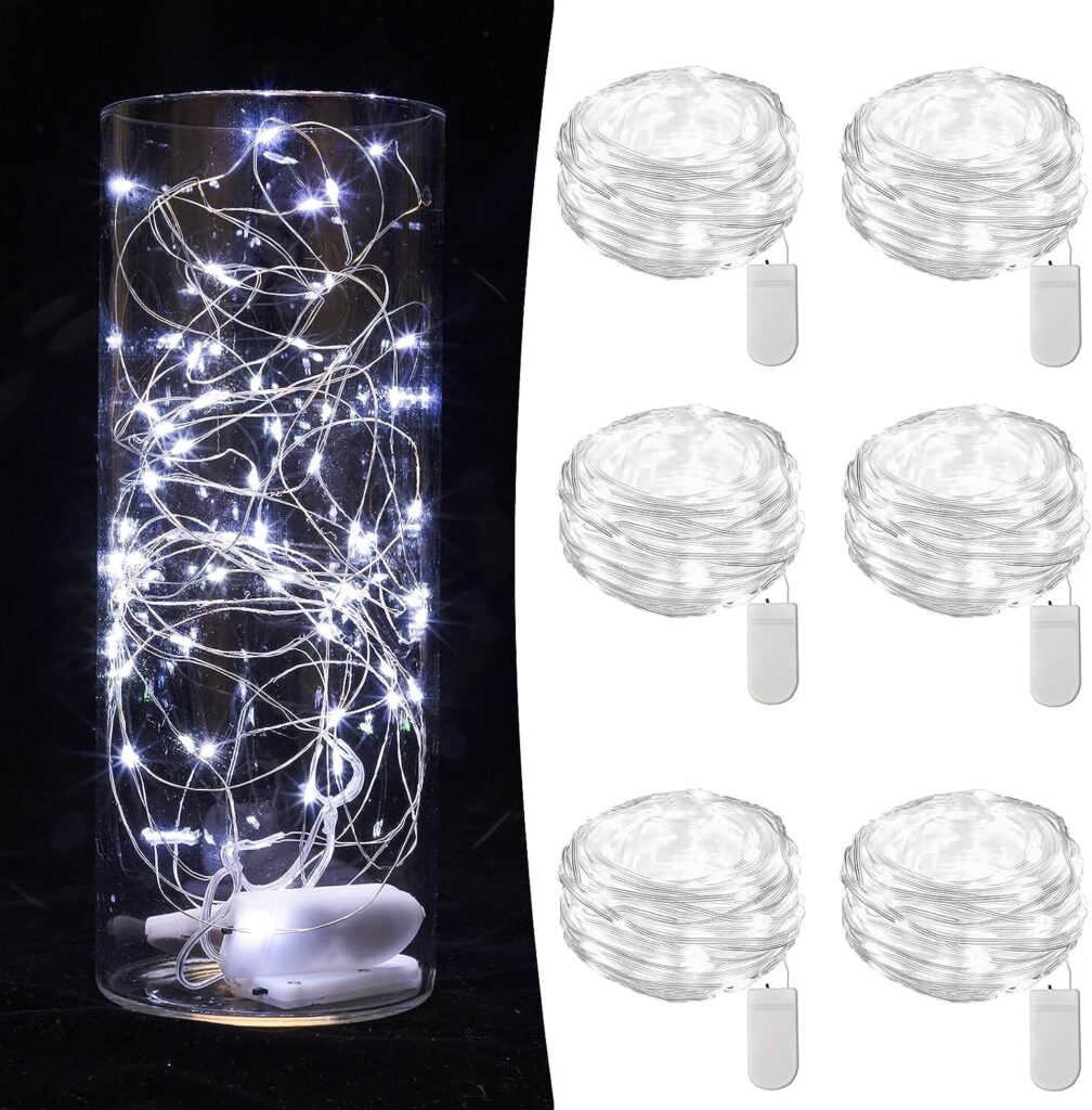 6 Pack Fairy Lights Battery Operated String Lights 7ft 20 Led Mason Jar Lights Waterproof Silver Wire Light Fireflies DIY Party Wedding Christmas Valentines Day Decoration(6 Pack,Warm White)