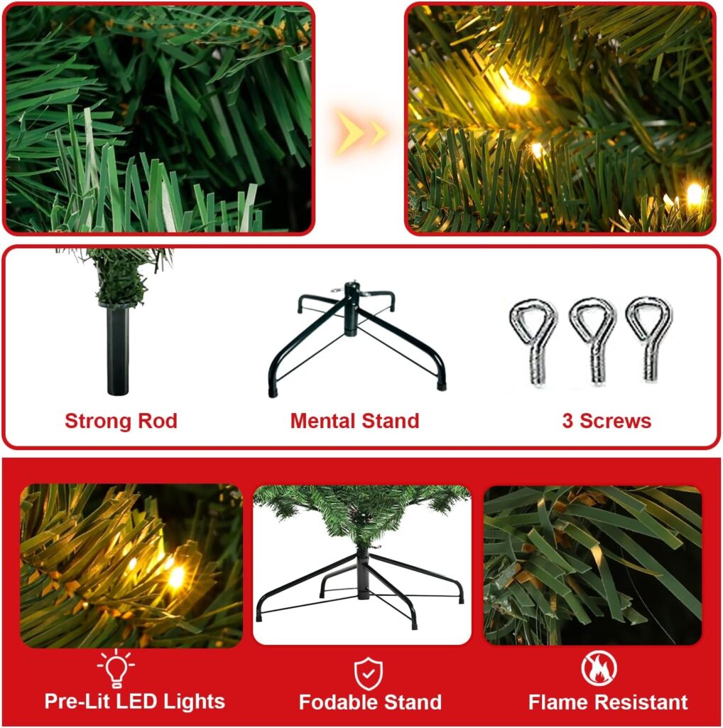 7d24hcare 6.5ft Pre-lit Christmas Tree, Spruce Artificial Christmas Tree with Warm White Lights, Xmas Tree with Storage Bag and Metal Stand for Indoor and Outdoor Holiday Decoration