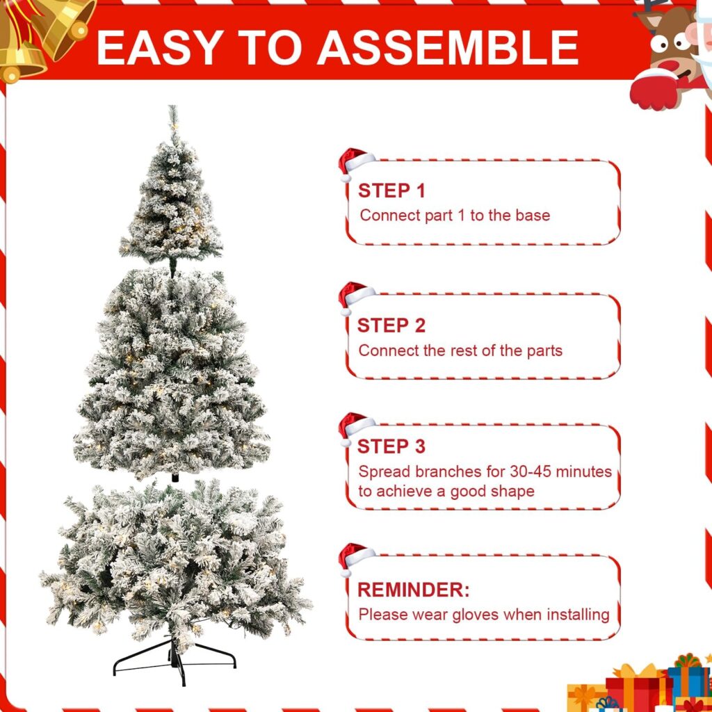 7d24hcare 6.5ft Pre-Lit Snow Flocked Christmas Tree, Artificial Xmas Tree W/Storage Bag, Metal Stand, for Home Office Party Decoration