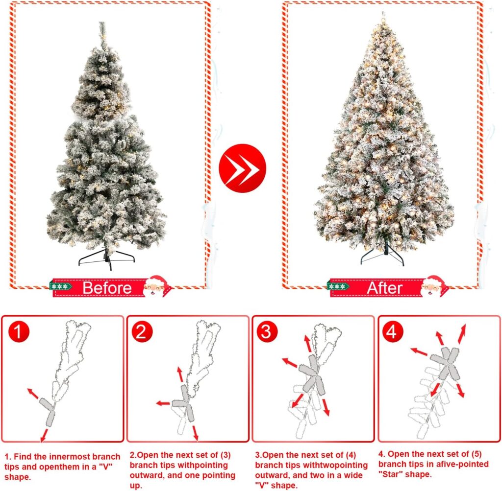 7d24hcare 6.5ft Pre-Lit Snow Flocked Christmas Tree, Artificial Xmas Tree W/Storage Bag, Metal Stand, for Home Office Party Decoration