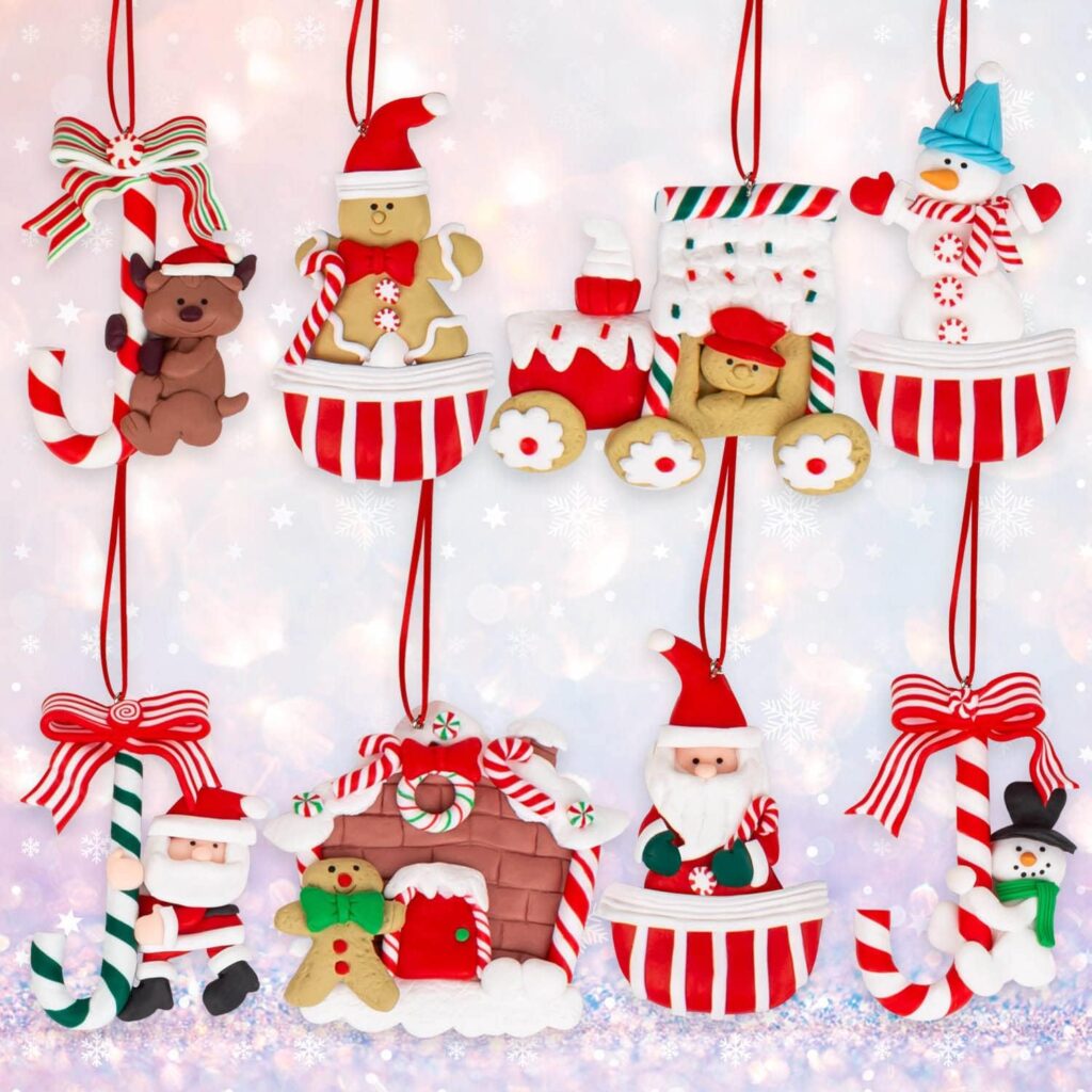 8PCS Christmas Ornament Set Character for Christmas Tree Decorations Candy Cane, Gingerbread Man, Santa Claus, Snowman, Elf Polymer Clay Hanging Decor Pendant for Xmas Party Supplies Gifts