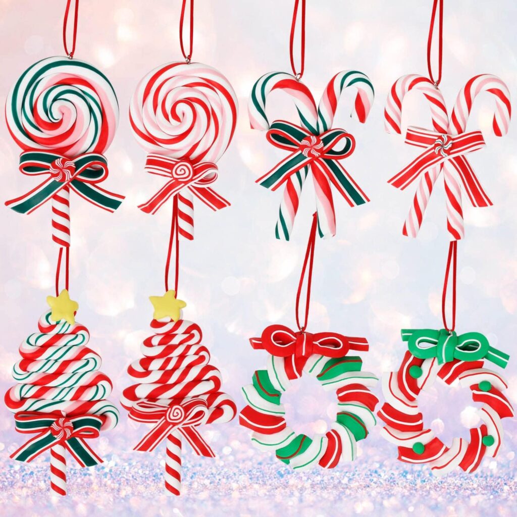 8PCS Christmas Ornament Set Character for Christmas Tree Decorations Candy Cane, Gingerbread Man, Santa Claus, Snowman, Elf Polymer Clay Hanging Decor Pendant for Xmas Party Supplies Gifts