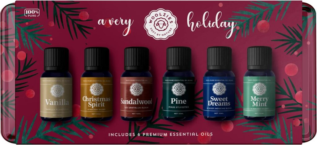 A Very Woolzies Holiday Tin Essential Oil Gift Box Set of 6 | Includes Aromatherapy Vanilla, Christmas Spirit, Sandalwood, Pine, Sweet Dreams,  Merry Mint | 10ML