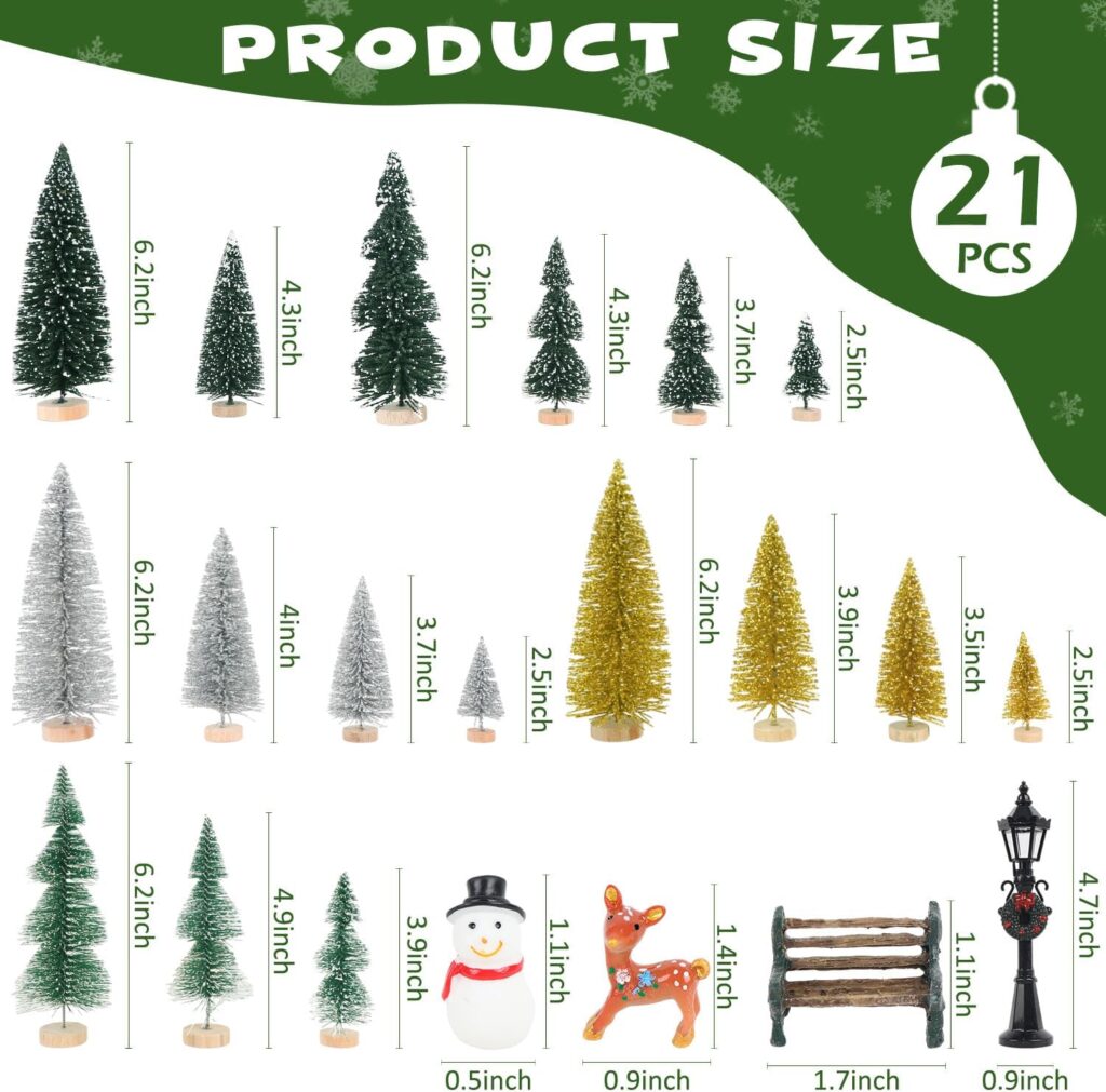 AerWo 21pcs Mini Christmas Trees Bottle Brush Trees, Christmas Village Sets with Snowman, Reindeer, Bench, Small Christmas Village Trees for Tabletop Decor Holiday Winter Christmas Table Decorations