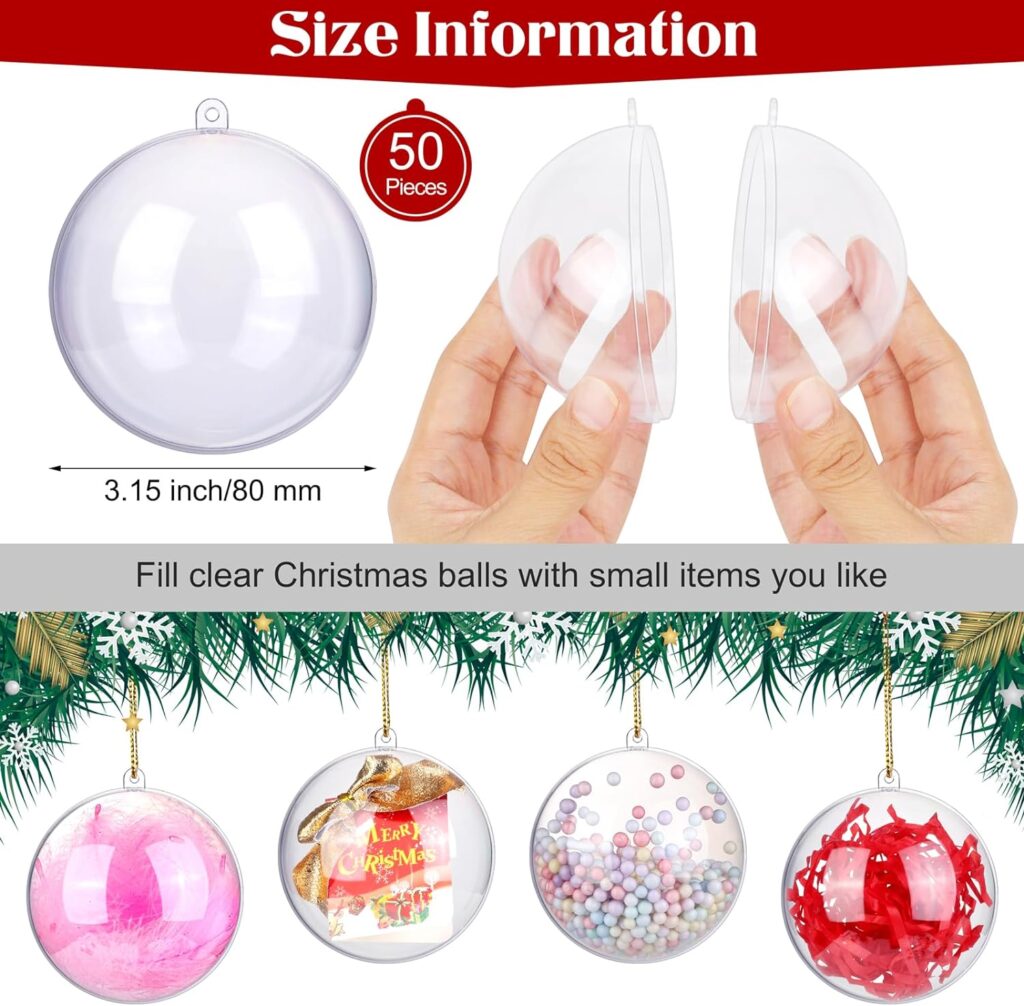 ANVAVO 50 Pieces 80mm Christmas Clear Plastic Fillable Ball Ornaments DIY Craft Transparent Baubles Shatterproof Christmas Tree Hanging Ornaments for Christmas New Years Birthday Wedding Home Decor