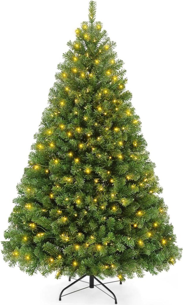 Artificial Pre lit Christmas Tree with Twinkle Lights, 6 ft Green Premium Hinged Spruce Holiday Xmas Tree (Warm White Lights)