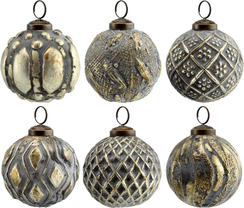 AuldHome Farmhouse Ball Ornaments (Set of 6, Silver Gray); Distressed Metal Glass Ball Vintage Style Christmas Decorations