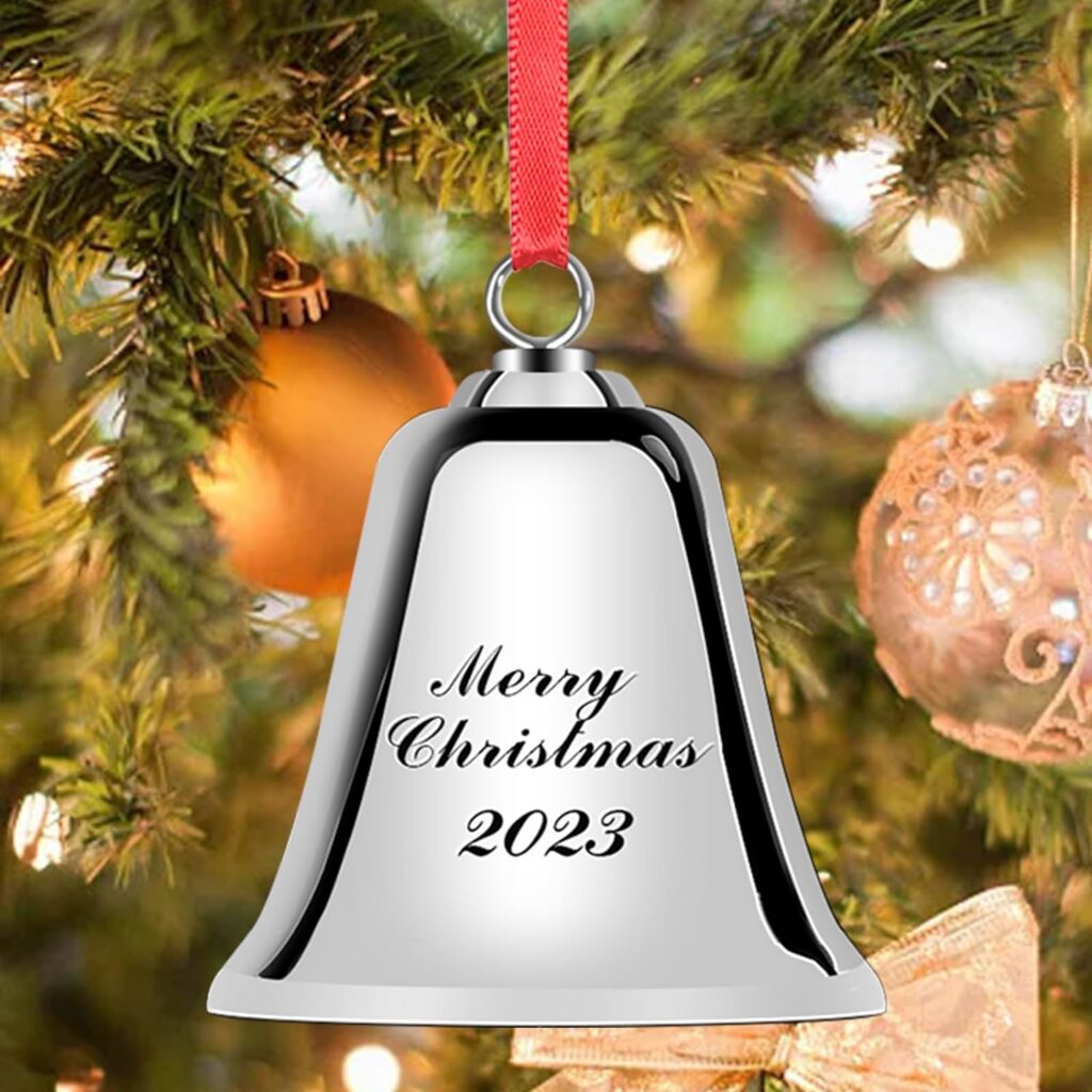 Bell Ornaments with Snowflake and Xmas Tree Print 2023, Silver Bells Decorations Indoor, Snowflake Ornaments for Christmas Tree Decorations, Christmas Bell Ornament with Gift Box  Ribbon