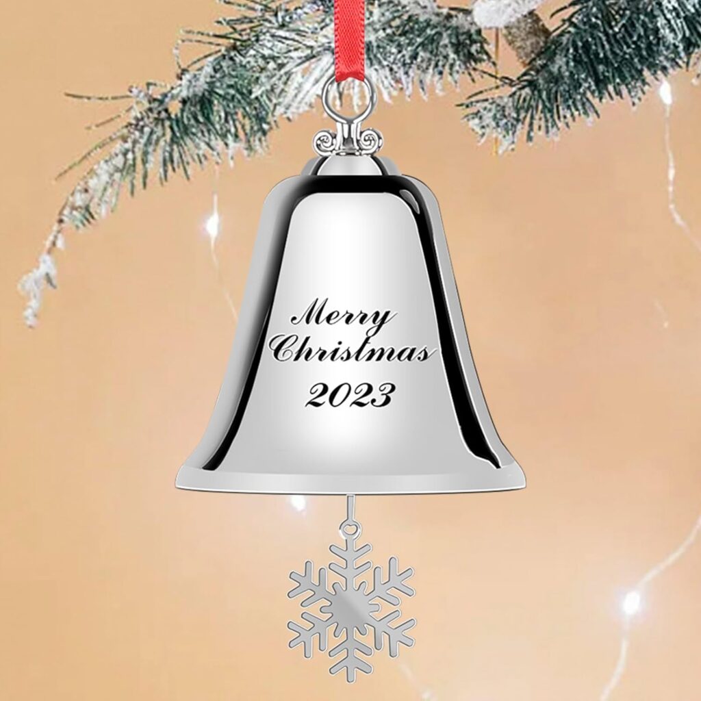 Bell Ornaments with Snowflake and Xmas Tree Print 2023, Silver Bells Decorations Indoor, Snowflake Ornaments for Christmas Tree Decorations, Christmas Bell Ornament with Gift Box  Ribbon